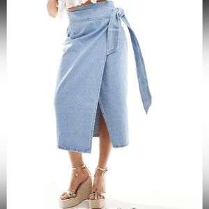 Never Fully Dressed Light Blue Denim Wrap Midi Skirt